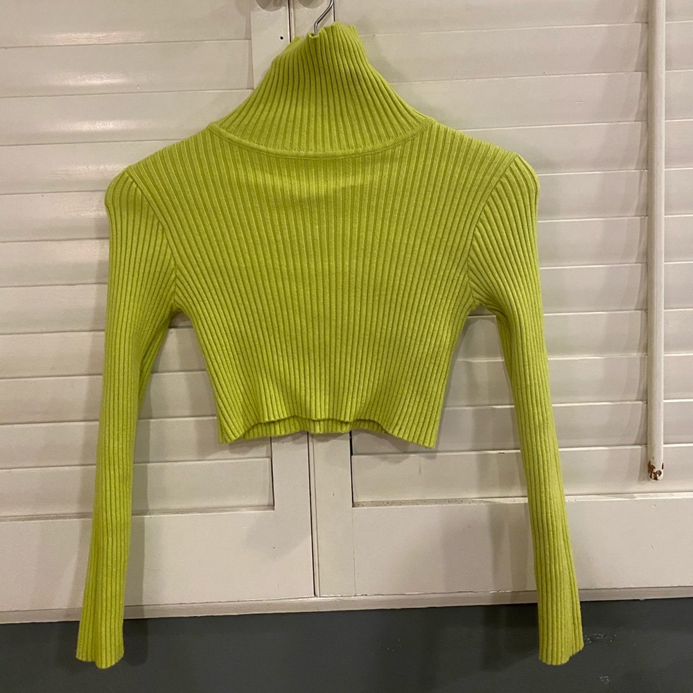 Neon green knit cropped turtleneck sweater